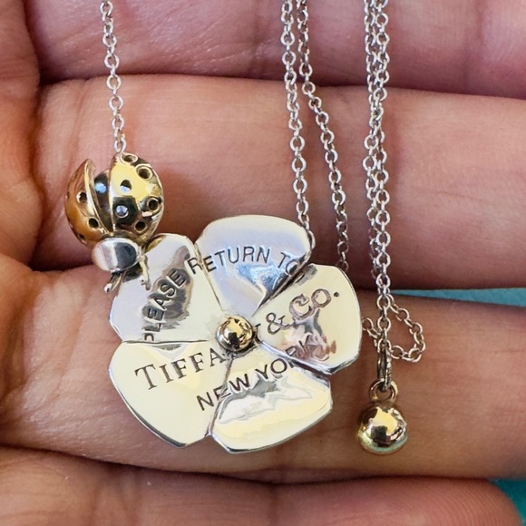 Tiffany & Co. Silver 925 & 18k Gold Love Bug Flower & Pendant Necklace 16-18” - Picture 4 of 10